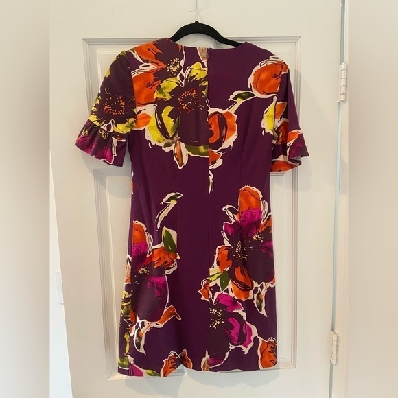 Trina Turk Purple Orange Pink Floral Short Ruffle Sleeved Scoop-neck Dress Lined - Picture 3 of 7